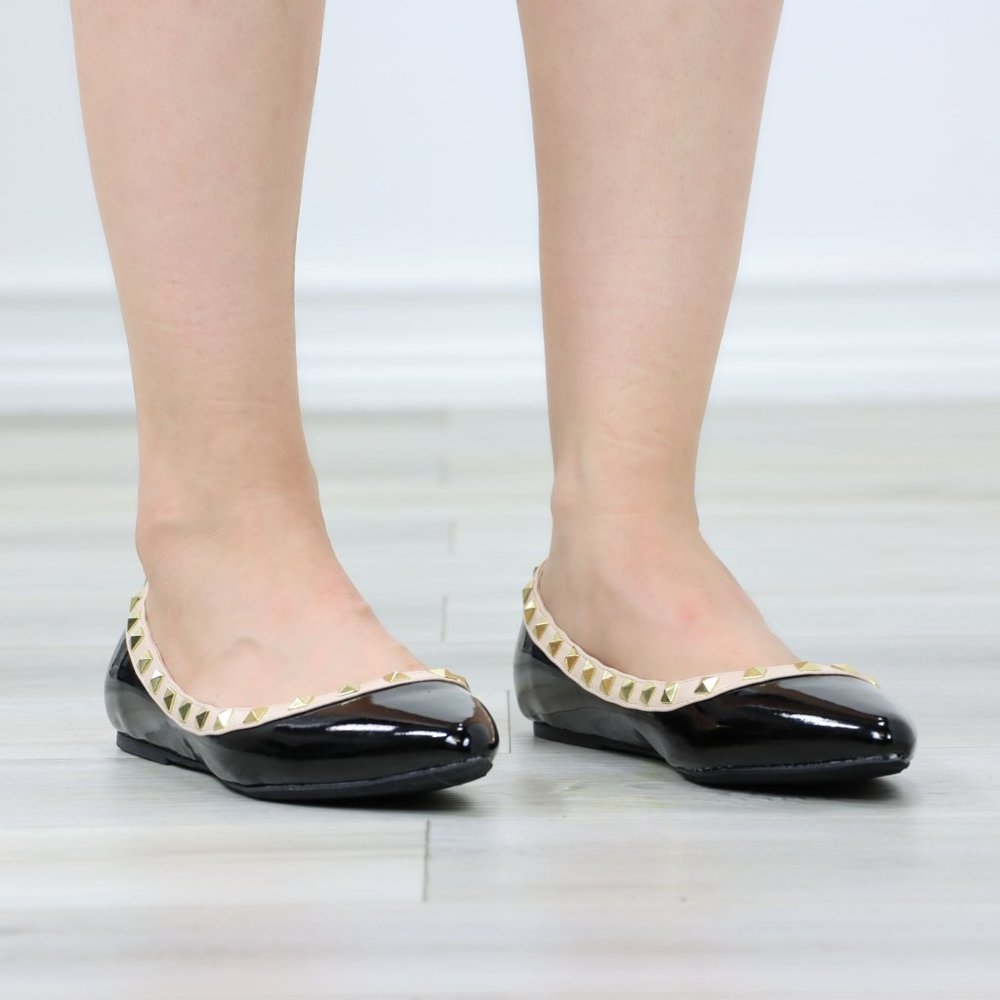 Black Patent Pointed Toe Slip On Flat Shoes Metal Gold Studs - Picture 5 of 11